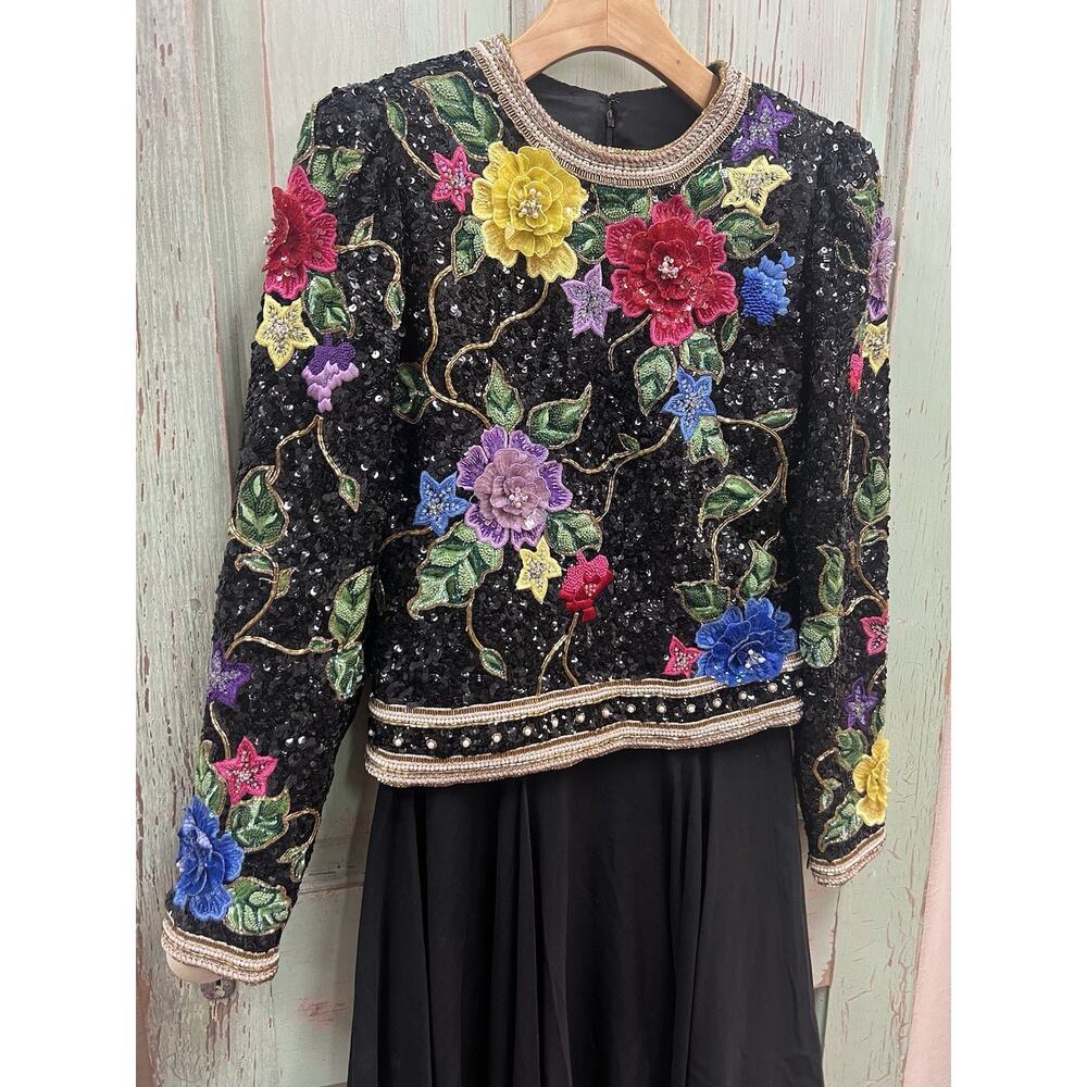 Vintage 1980s Designer Richilene Hand Beaded Sequin Black Long Sleeve Gown Sz 8
